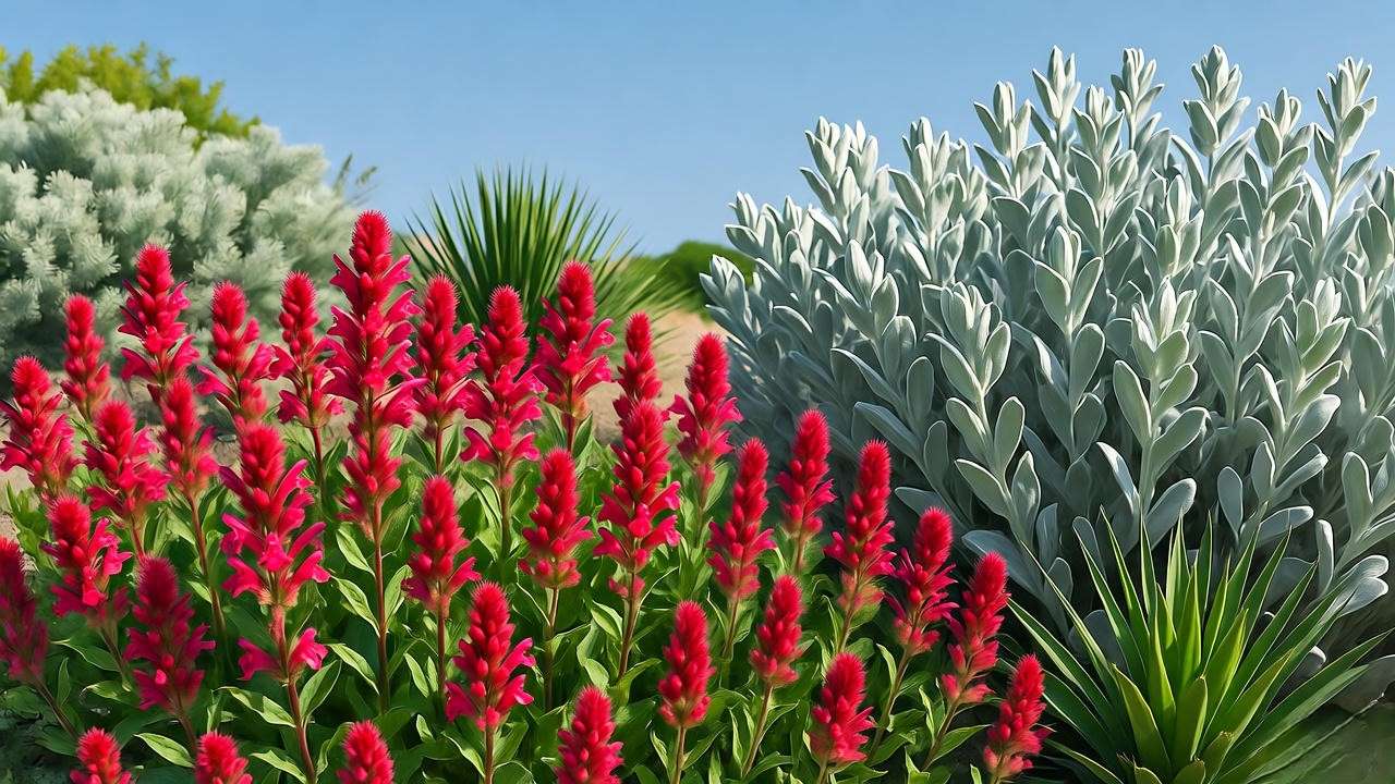 Low-water xeriscape landscape featuring Texas Betony plant paired with silver-foliage companion plants.