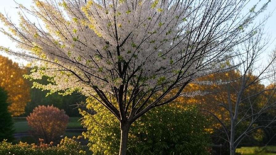 "White redbud tree showcasing seasonal changes from blossoms to bare branches"