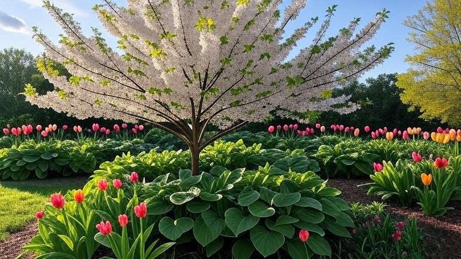 White redbud tree with hostas and tulips in a beautifully designed garden"