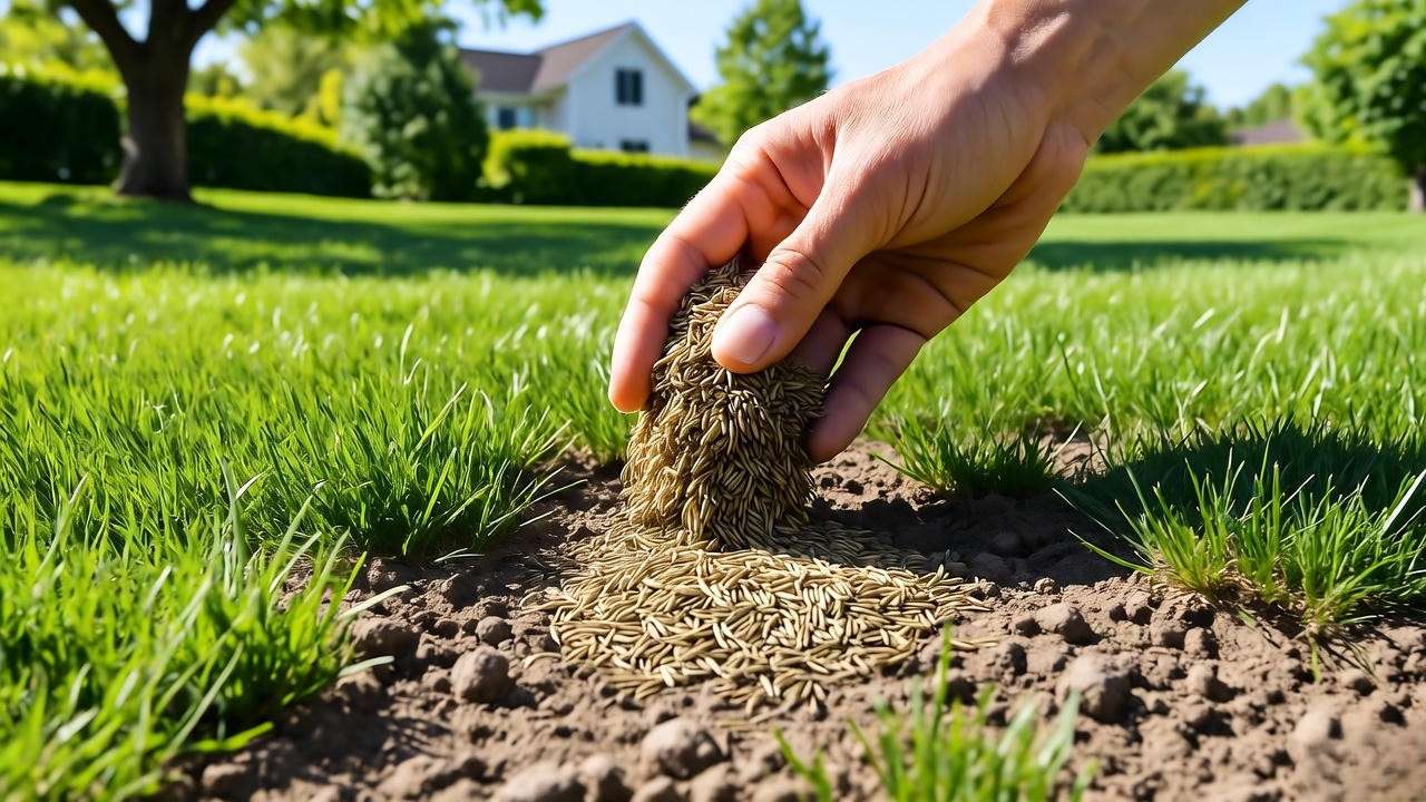 Gardener overseeding a patchy lawn to restore lush grass plants in a vibrant backyard.