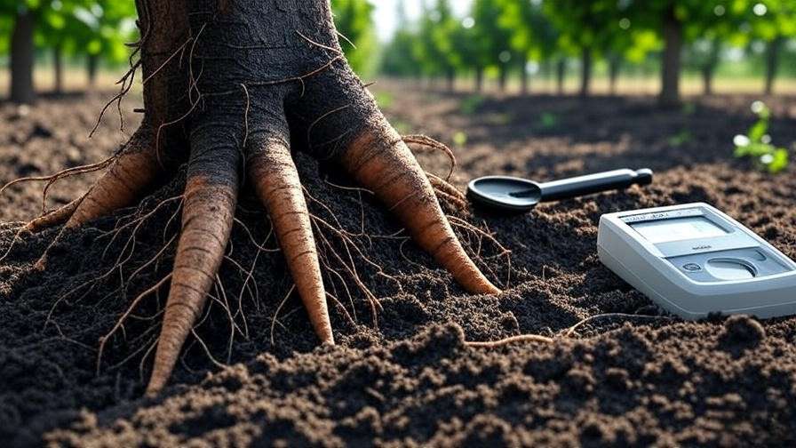 Close-up of cherry tree roots with rot in compacted soil, soil testing kit nearby".
