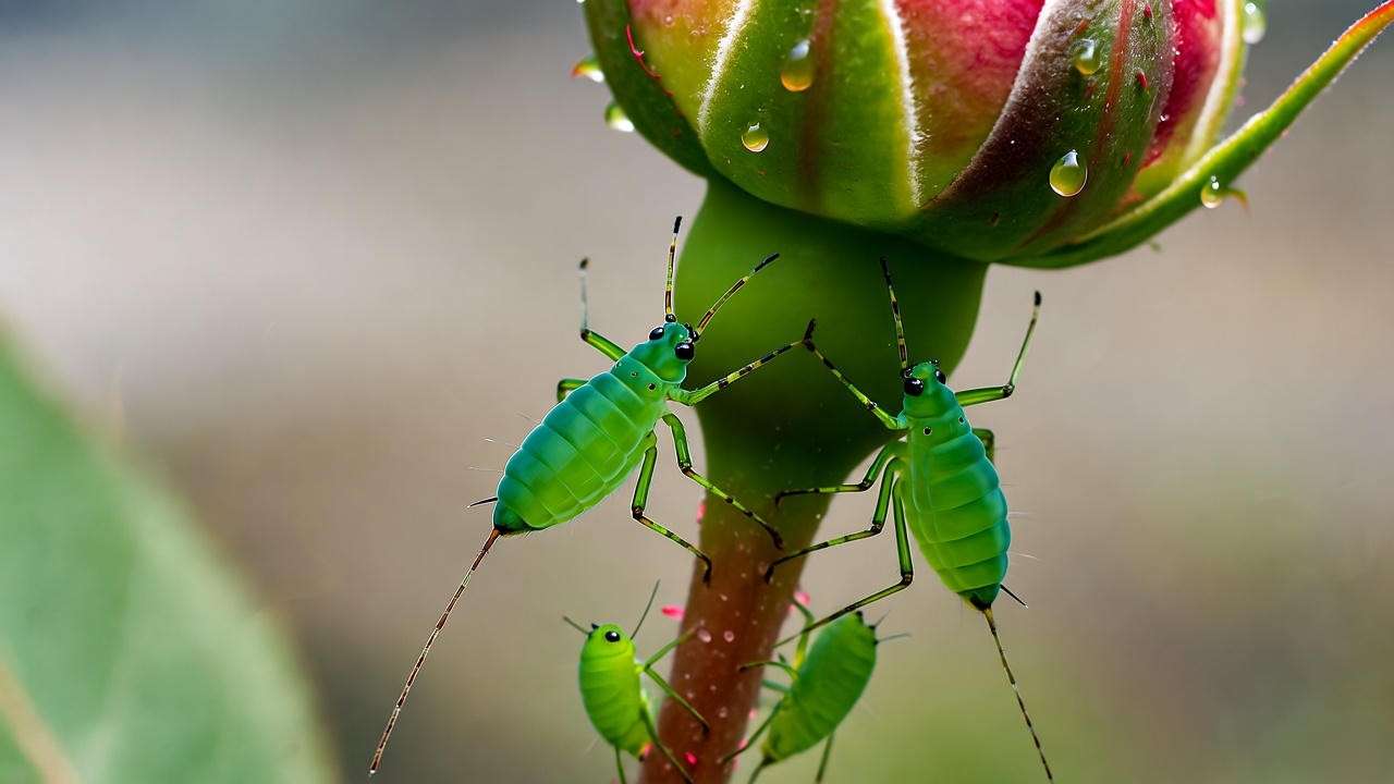 Macro shot of green aphids clustered on a new rose bud and stem"