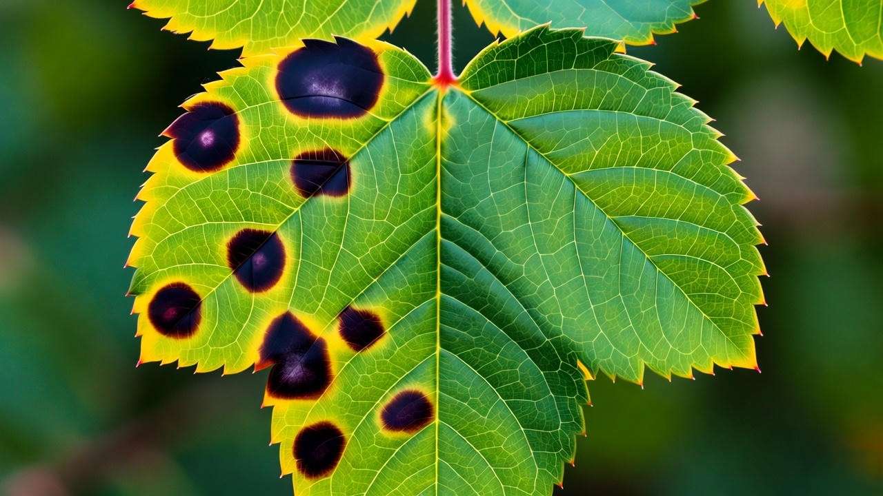 Close-up of a rose leaf, half healthy green and half infected with black spot disease"