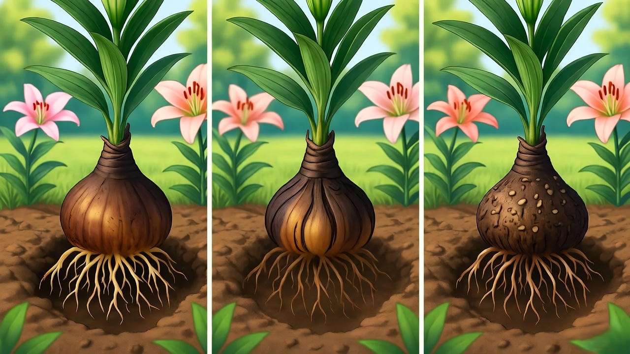 Step-by-step planting of a lily tree bulb in a garden hole with blooming flowers."