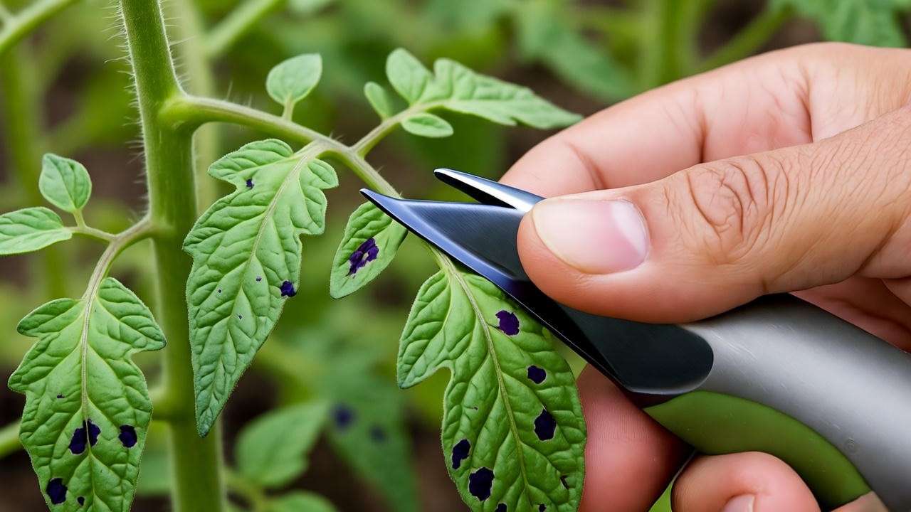 Heatmaster tomato plant with early blight and gardener pruning in a garden"