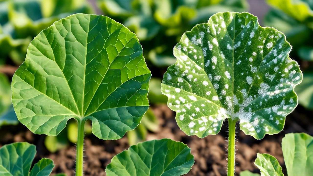 Comparison of powdery mildew on watermelon leaf vs healthy leaf"