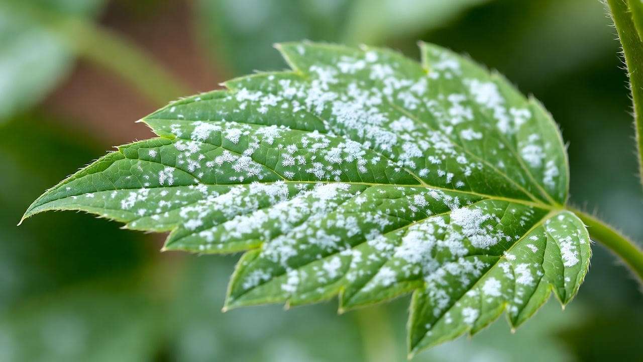 Pericallis plant leaf with powdery mildew next to a healthy leaf in a garden setting."