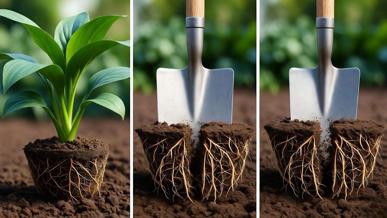 Step-by-step division of a tractor seat plant root ball with a spade"