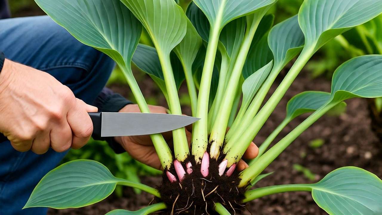 Gardener dividing Big Daddy hosta rhizomes in shaded garden bed