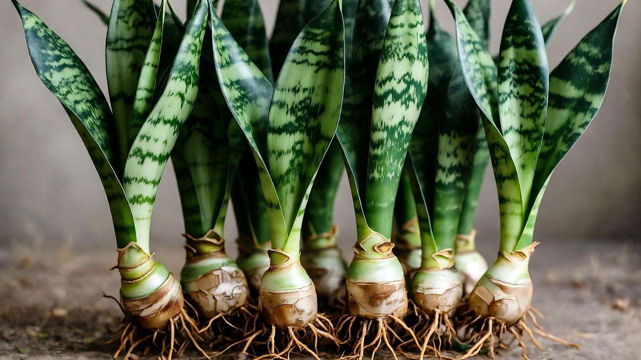 Detailed view of snake plant division process with rhizomes and repotted rosettes".
