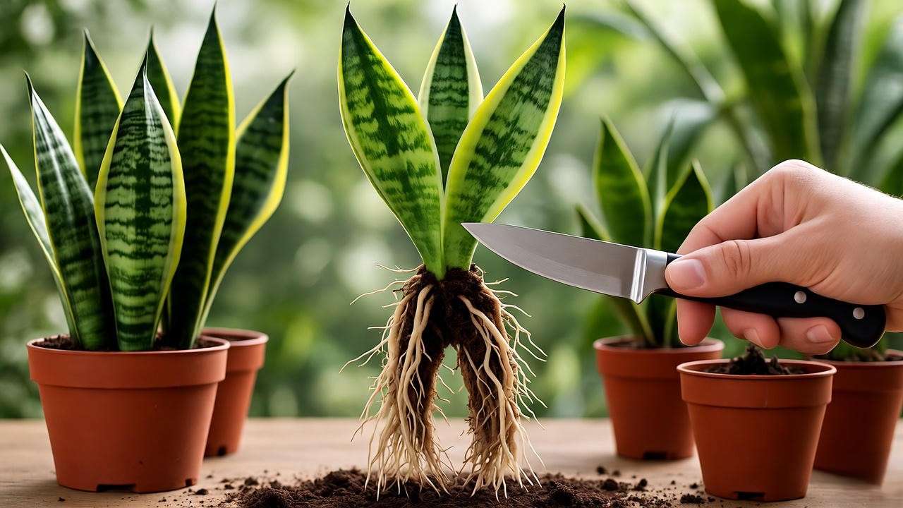 Dividing a snake plant into pups with roots using a knife in a cozy indoor garden."