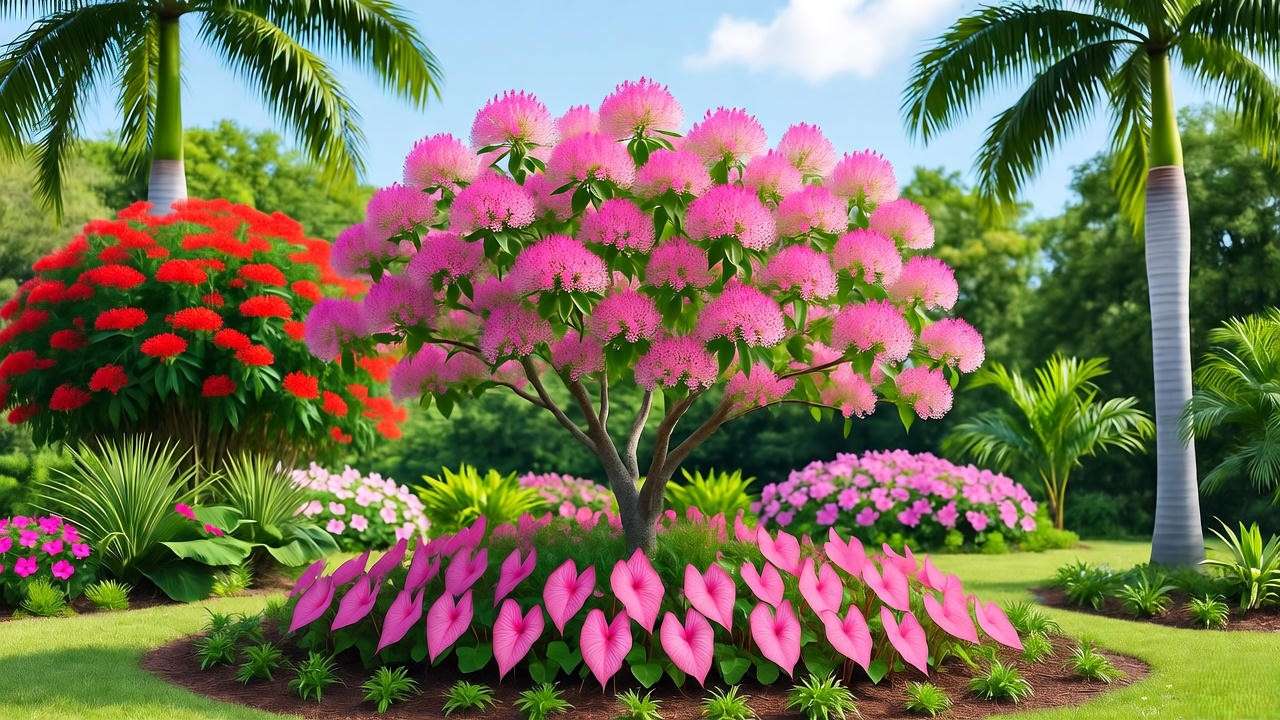 Dombeya as focal point in tropical landscape with caladiums and firebush companions