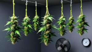 Properly drying outdoor cannabis buds in controlled low-light environment with ideal humidity