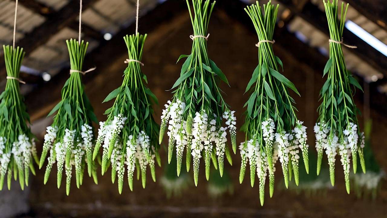 White vervain bundles air-drying in dark room to preserve medicinal potency