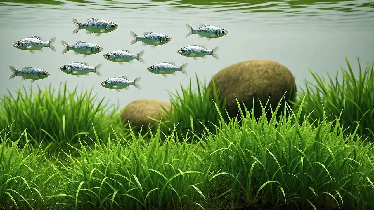 Dwarf Hairgrass carpet with small fish in Iwagumi aquarium layout.