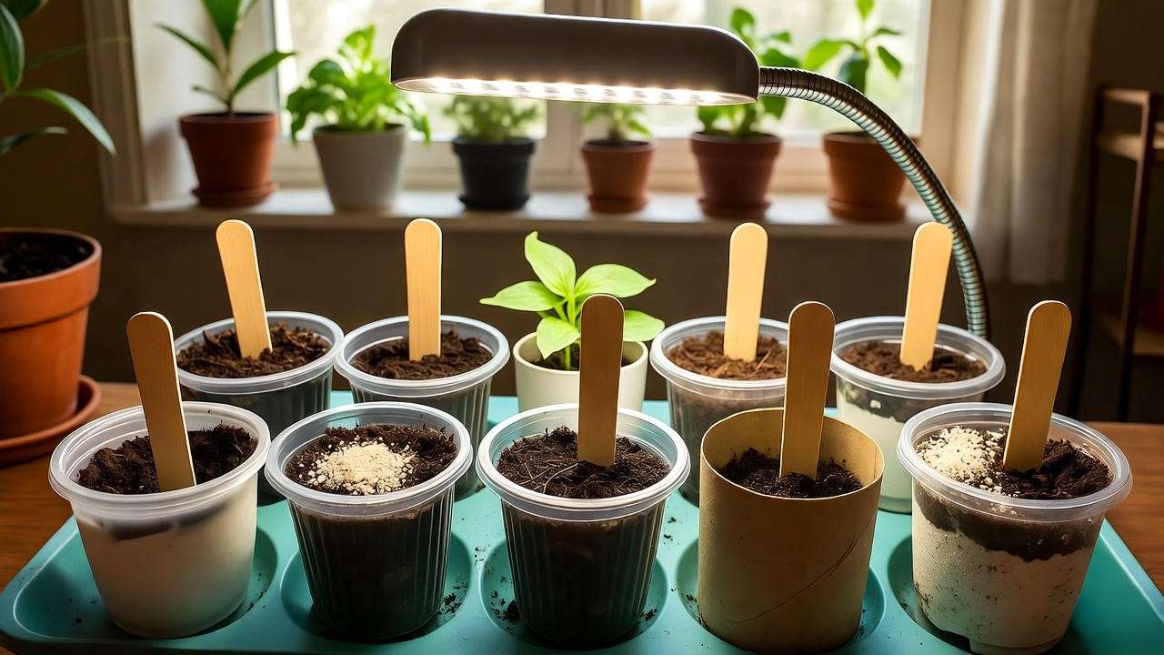 Eco-friendly DIY fuchsia seed starting setup with recycled pots and grow light