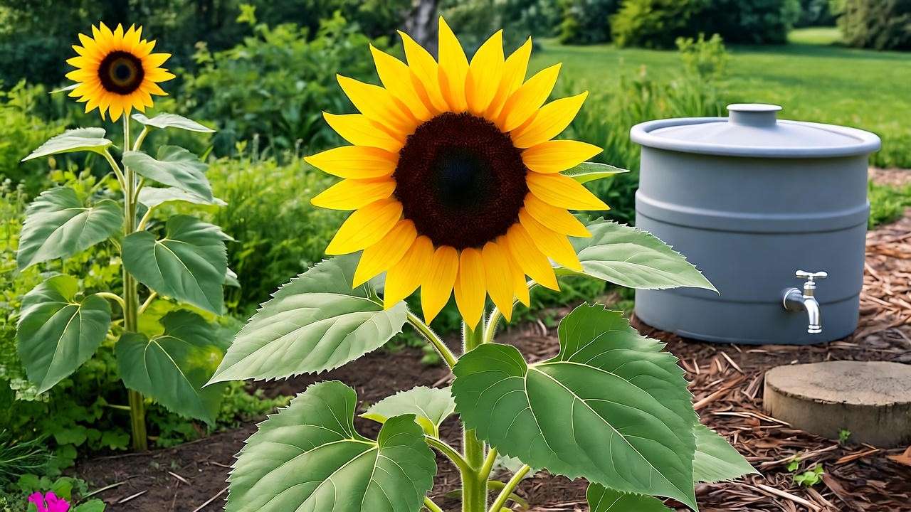 Black oil sunflowers in a mulched garden with rainwater barrel."