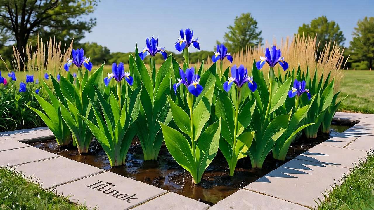 Sustainable Illinois rain garden with swamp milkweed and blue flag iris beside permeable pavers and native grasses."