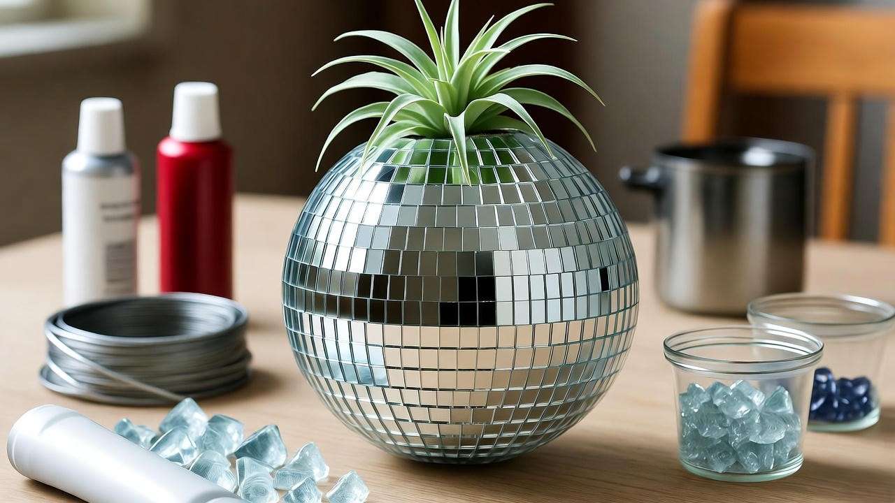 Thrifted disco ball repurposed with mirrored tiles and air plant on a craft table with eco-friendly materials."