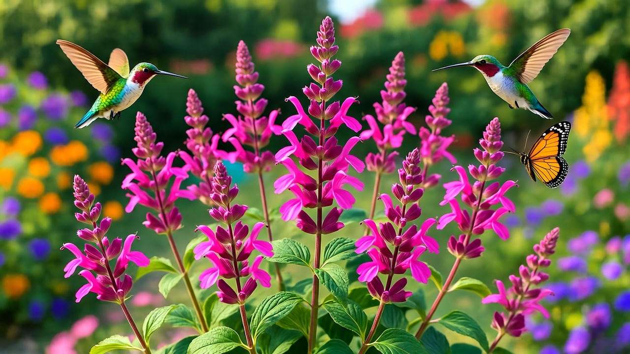 Pink salvias plant with hummingbirds and butterflies in a natural garden."