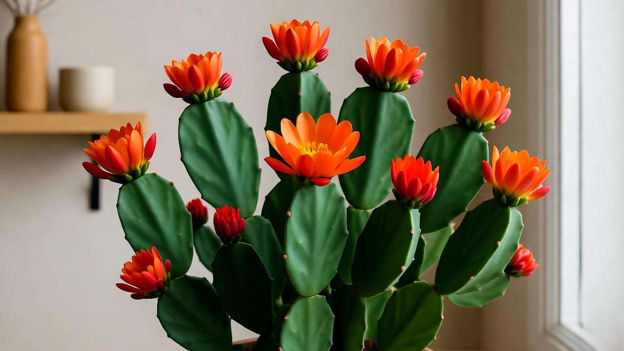 Peanut cactus plant with orange-red blooms in a cool winter setting."