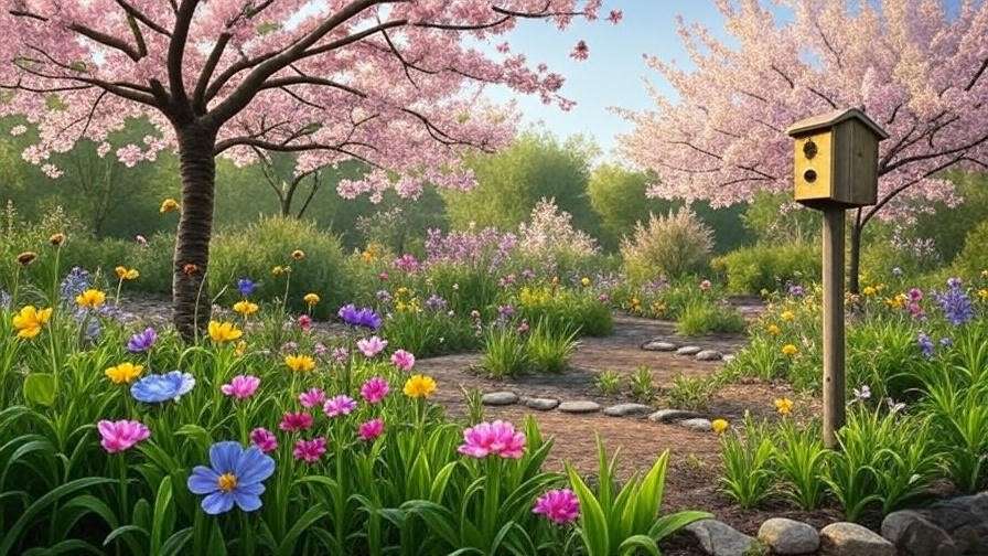 Pollinator-friendly garden with mason bee house and wildflowers near cherry trees."
