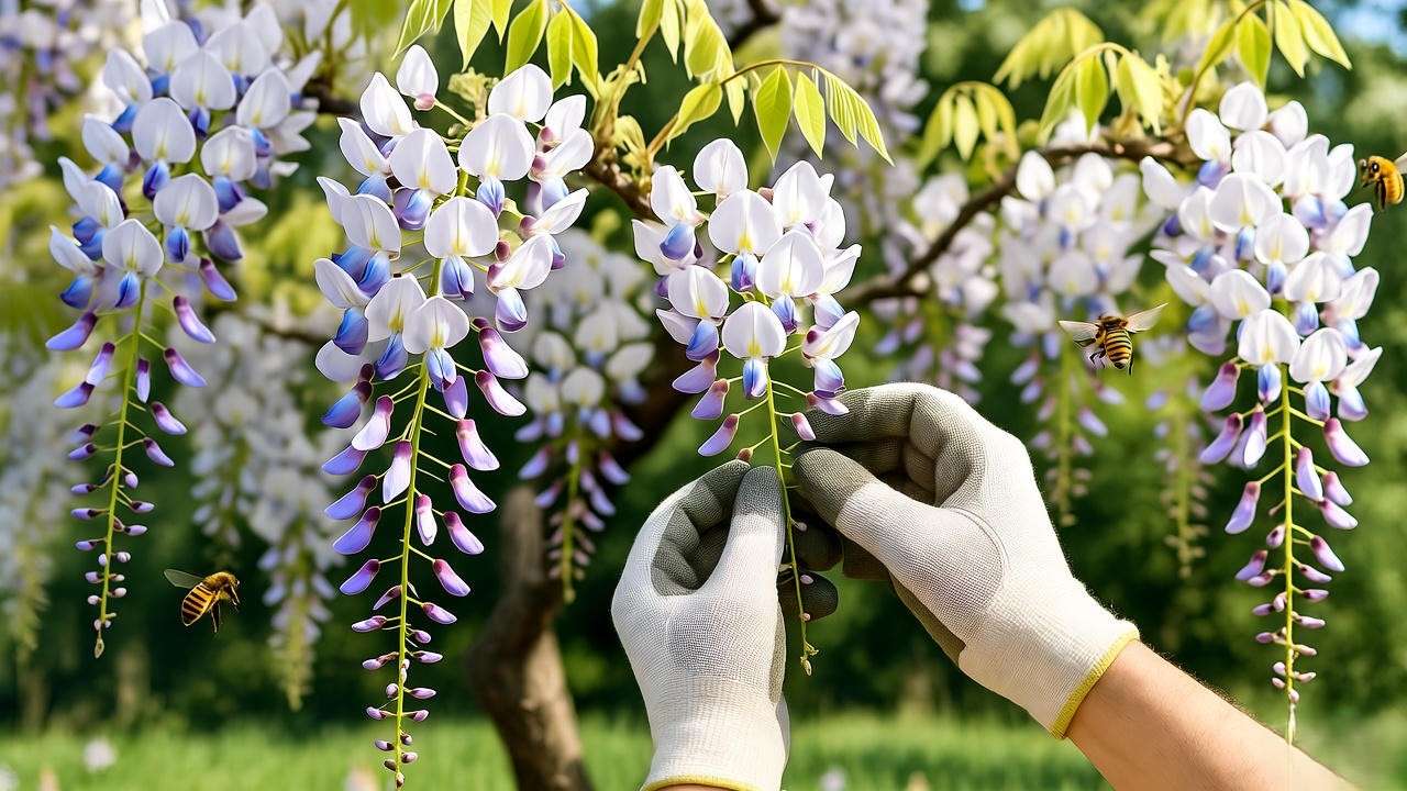 Gardener deadheading white wisteria blooms with bees pollinating in a sunny garden."