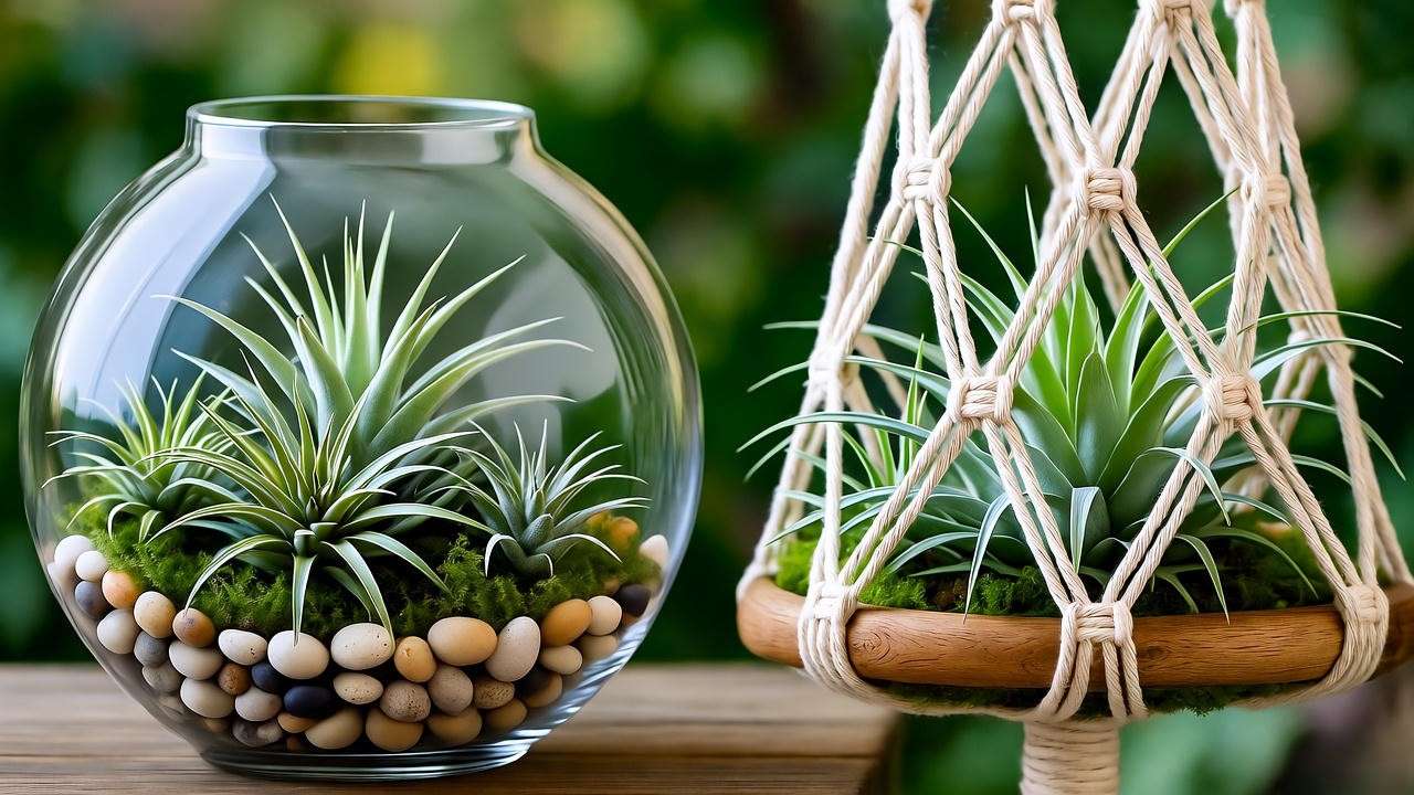Creative display of blooming air plants in a terrarium and driftwood mount