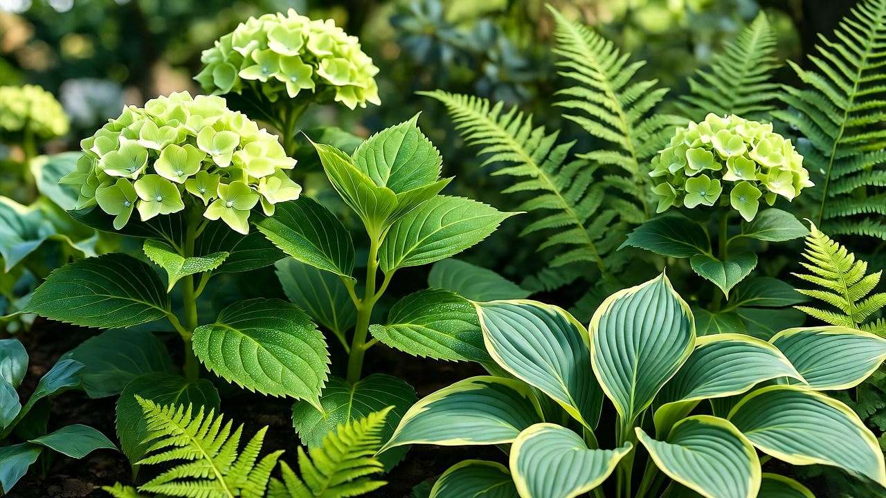 Garden bed with green hydrangeas, ferns, and hostas in a textured landscape design"