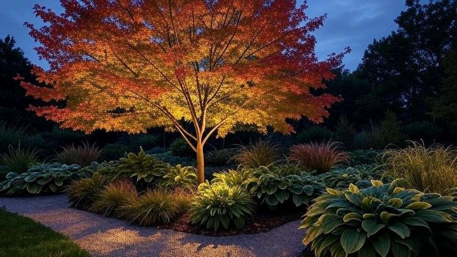 Sensation Maple Tree in a landscaped yard with hostas and grasses along a pathway."