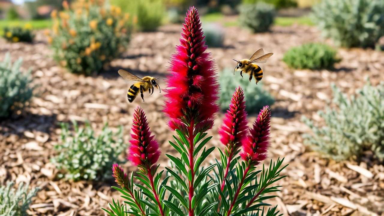 "Dragon’s Breath plant attracting bees and butterflies in a sustainable xeriscaped garden with mulch."