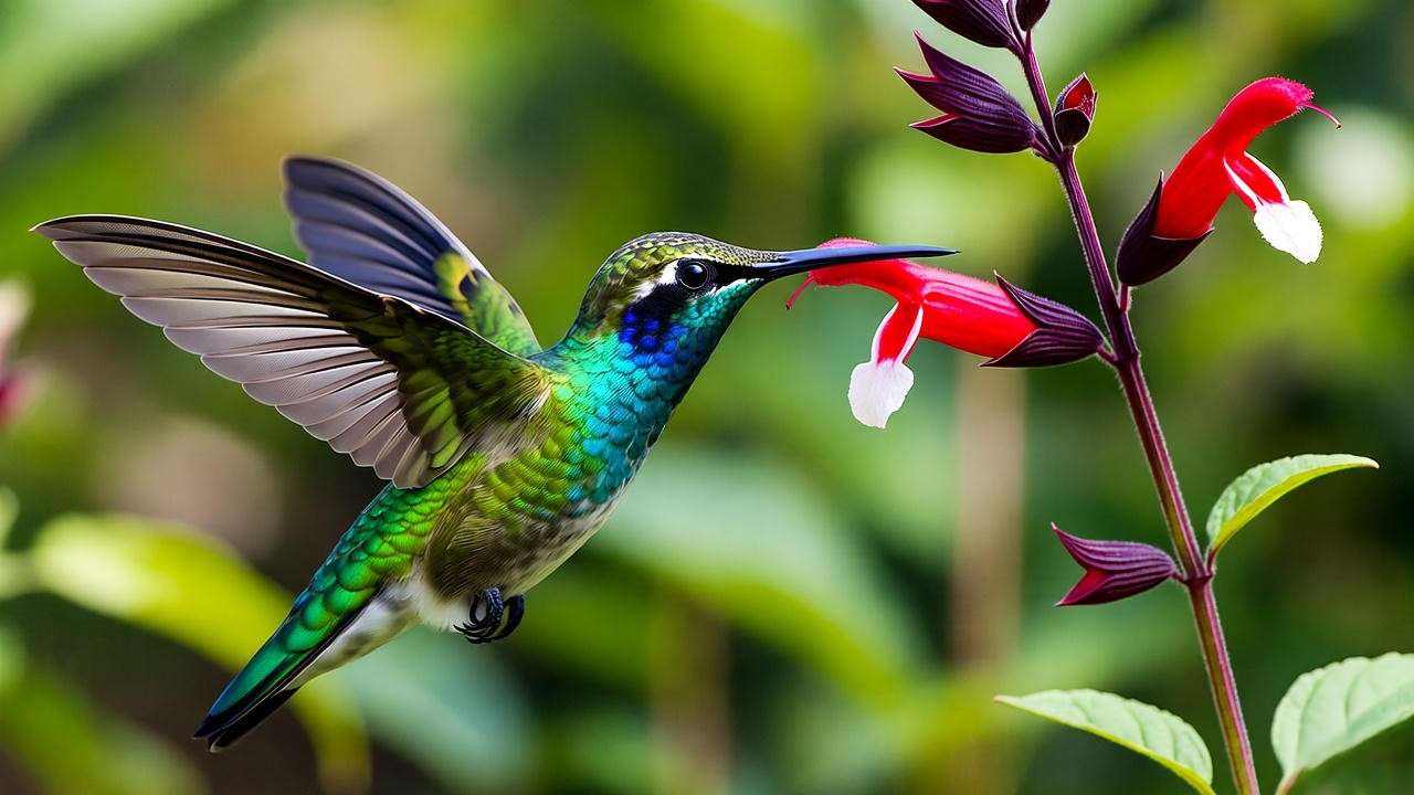 Hummingbird feeding on a Hot Lips plant in a sunny garden."