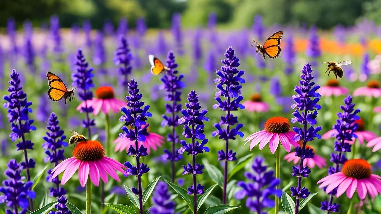  Pollinator-friendly garden with purple salvia and coneflowers, attracting bees and butterflies in a sunny meadow.