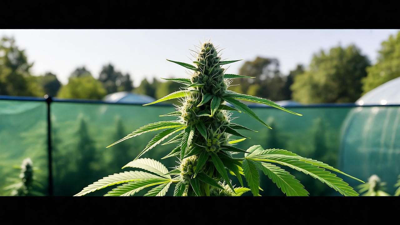 "Outdoor male cannabis plant with protective barrier in natural setting"