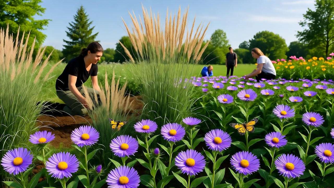 Community park transformed with Maryland native New England Aster and Switchgrass, people planting, pollinators active."