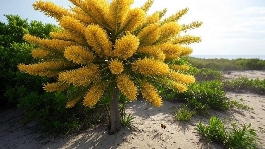 Verawood tree in bloom attracting pollinators in a coastal ecosystem".