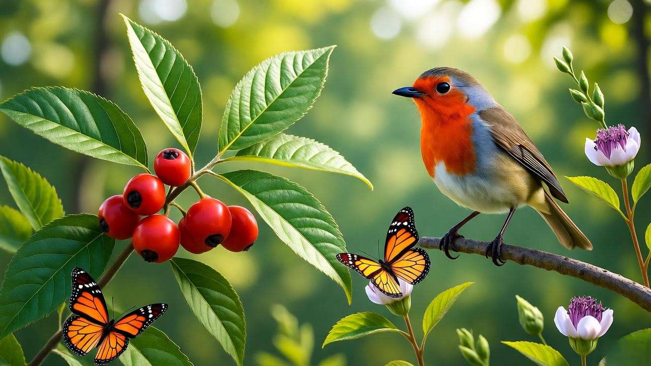 Robin and butterflies interacting with a cascara plant in a woodland setting."
