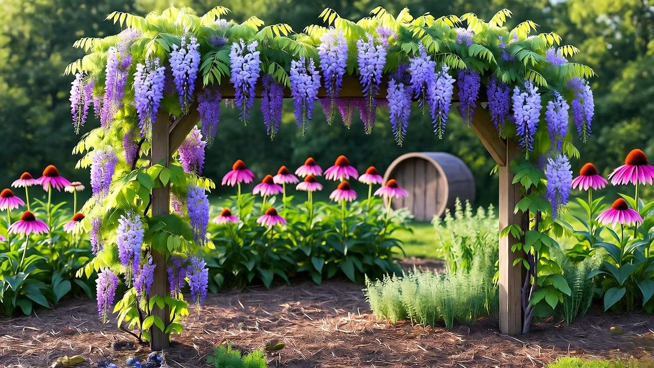 Sustainable garden with wisteria trellis, organic mulch, and native coneflowers".