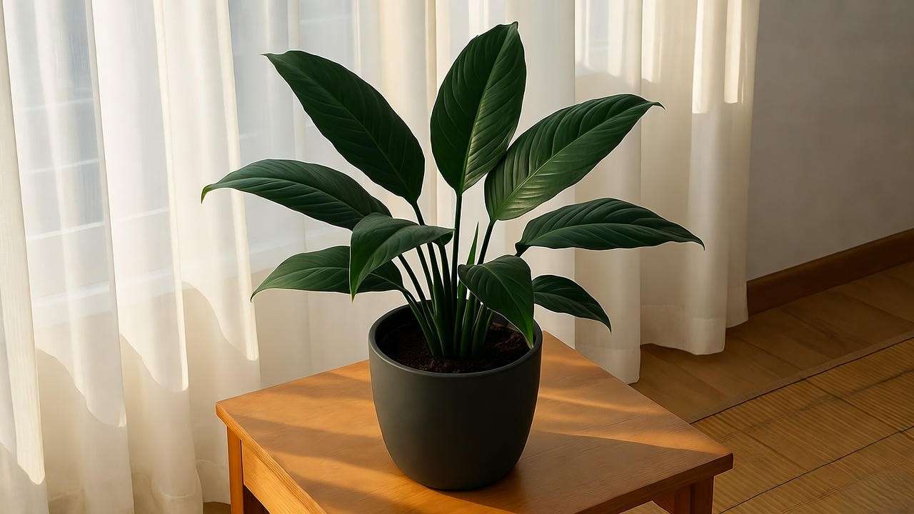 Serene bedroom with Janet Craig plant on nightstand for a calming atmosphere".