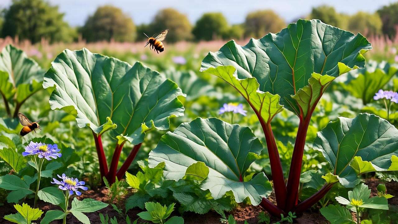 "Sustainable garden with wild rhubarb attracting bees and butterflies among native plants."