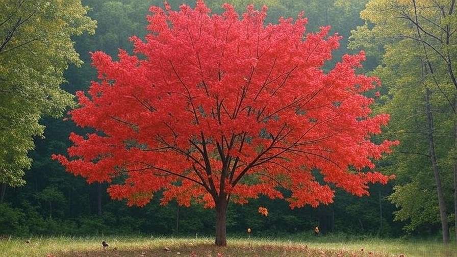 Black Tupelo tree with red foliage surrounded by birds and pollinators.