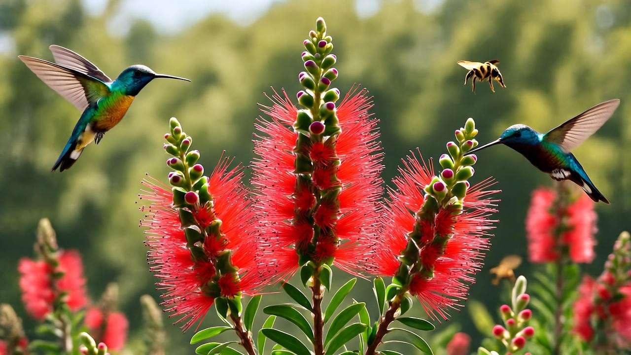 Little John Plant thriving in full sunlight with red blooms and pollinators like hummingbirds."