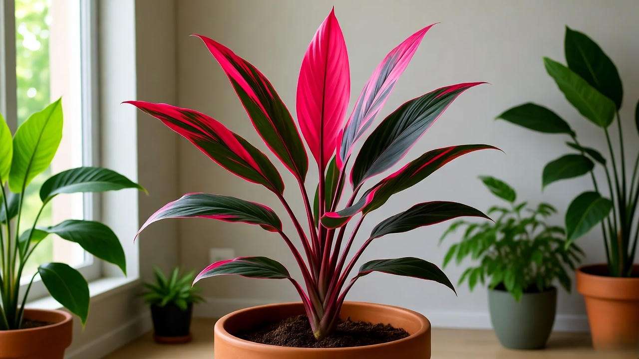Red Sister Plant in a pot with bright indirect light in a modern indoor setting.