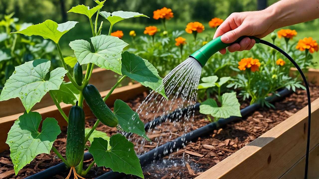 Gardener using drip irrigation on bush cucumber plants with mulch and marigolds."