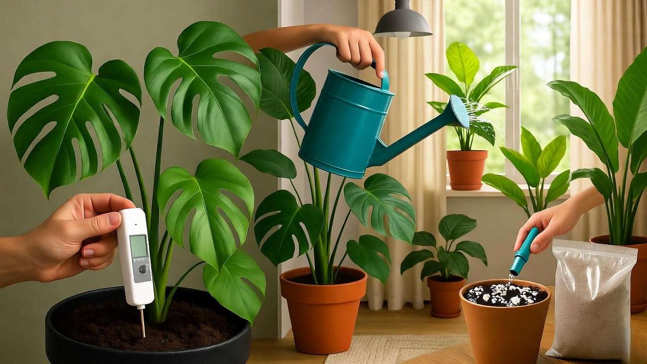 Person caring for big-leafed plants with moisture meter, watering can, and perlite in a tropical indoor setting."
