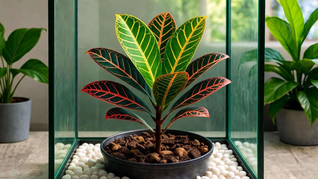 "Propagated croton cutting in a mini greenhouse with pebble tray in bright indirect light."