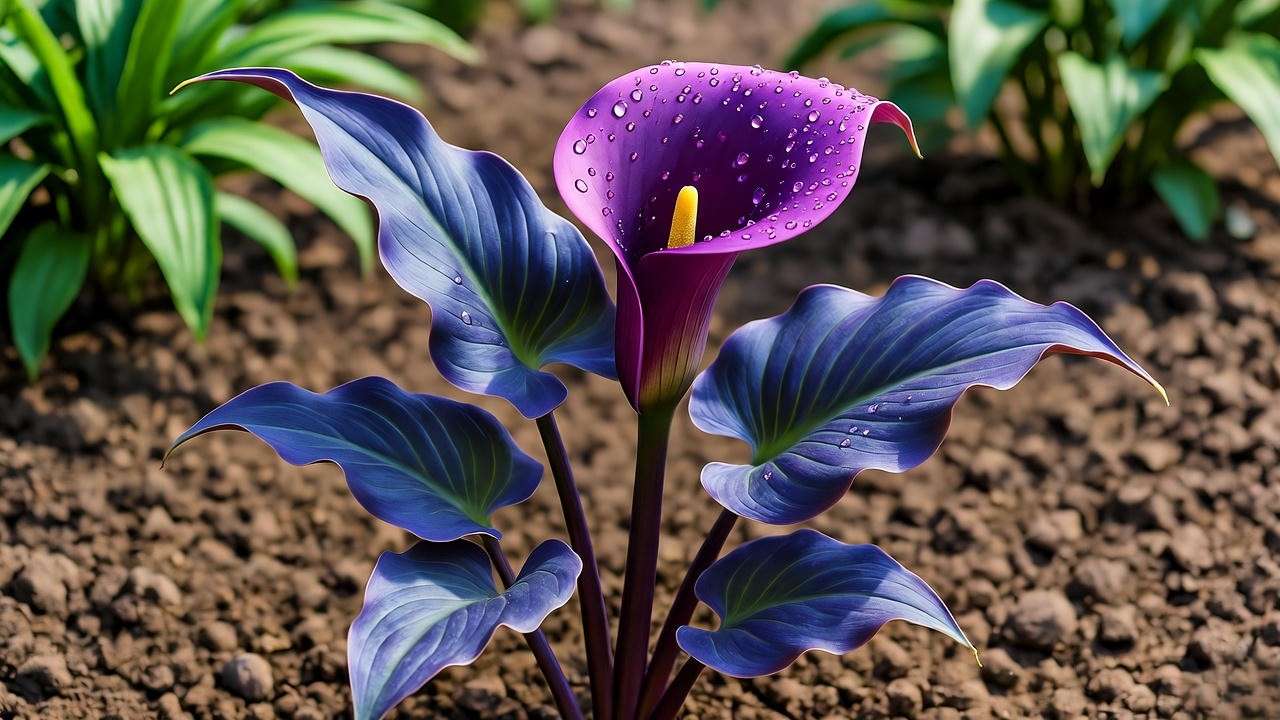 Vibrant purple calla lily plant with water droplets on glossy leaves in a garden bed with partial shade."
