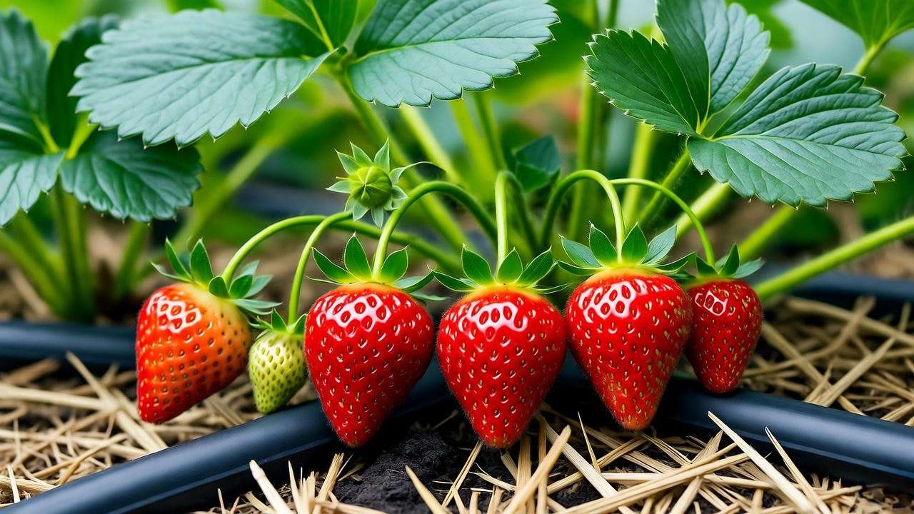 Thriving Seascape strawberry plant with ripe berries and straw mulch under drip irrigation."