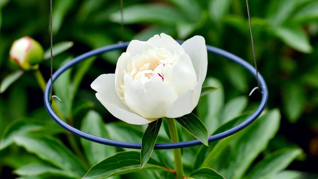 "White peony plant with support ring in a healthy garden bed"