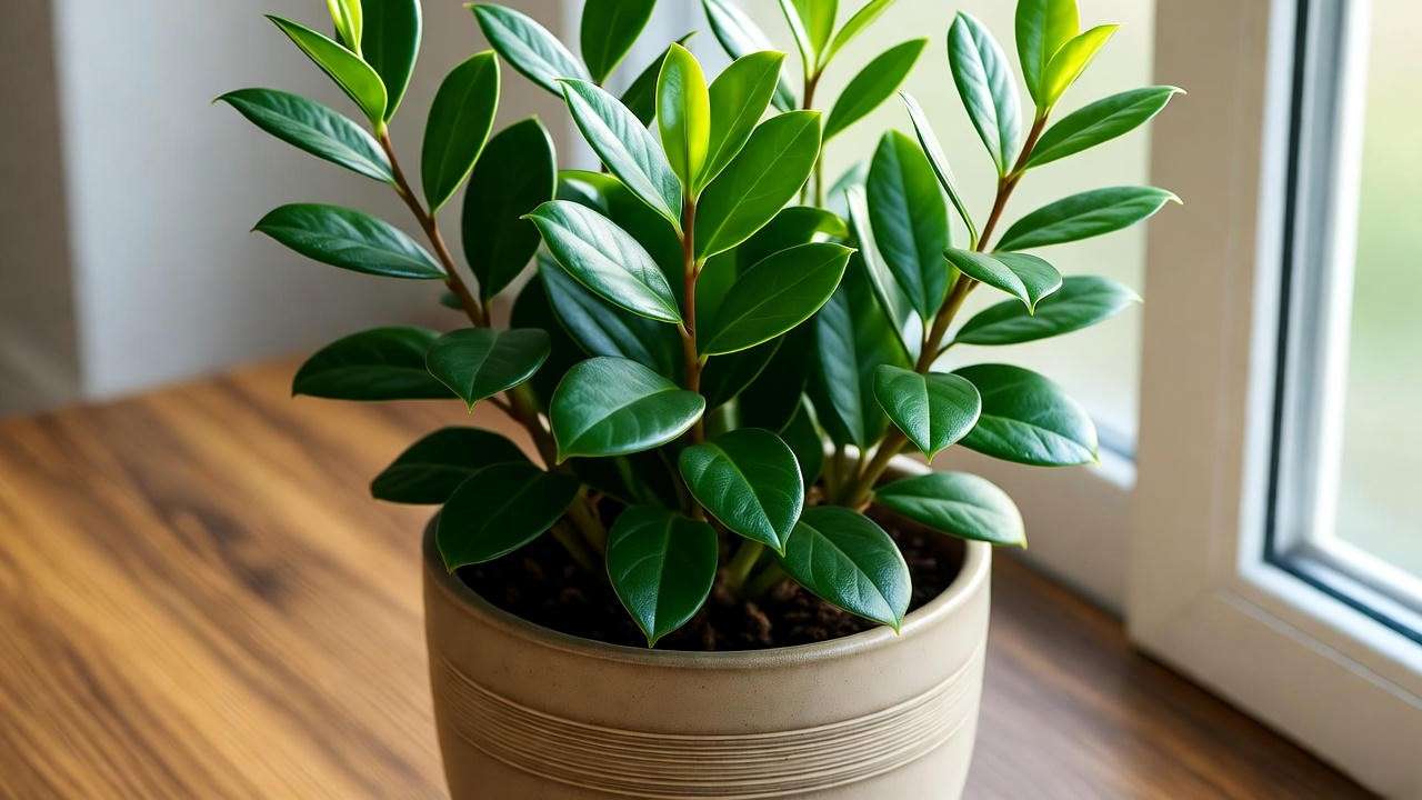 Close-up of a healthy Janet Craig plant in a ceramic pot with indirect light".